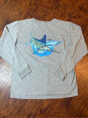 AFTCO Heather Gray Long Sleeve Tee with Blue Marlin Art
